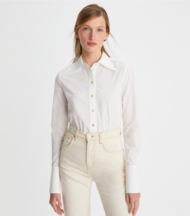 Tory Burch designer oberteile Hemd aus Baumwollpopeline in White on model detail
