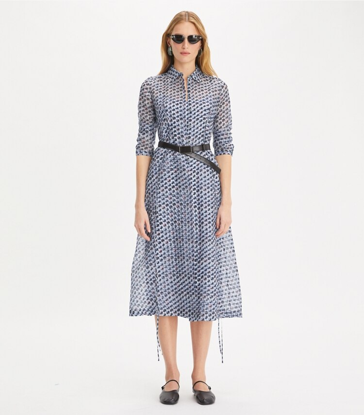 Tory Burch designer kleider Hemdkleid aus Seidenorganza in Blue Candy Dots modell von vorn