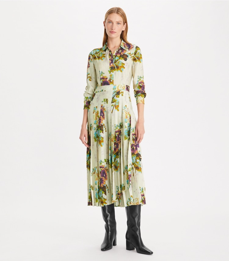 Tory Burch designer kleider Hemdkleid aus Viskose mit Falten in Purple Traditional Floral modell von vorn