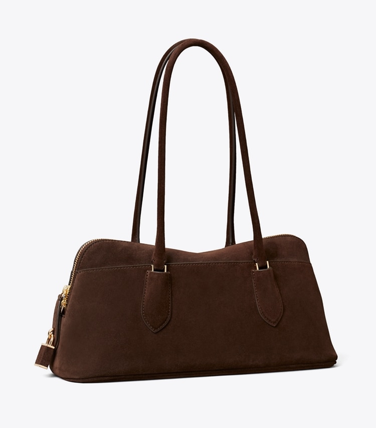 Tory Burch designer henkeltaschen Henkeltasche im Querformat aus Wildleder mit Schloss in Dark Cocoa angle
