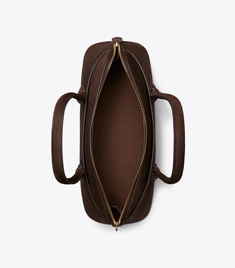 Tory Burch designer henkeltaschen Henkeltasche im Querformat aus Wildleder mit Schloss in Dark Cocoa von oben