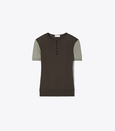 Tory Burch designer maglioni Henley in lana in Light Gray / Dark Brown front