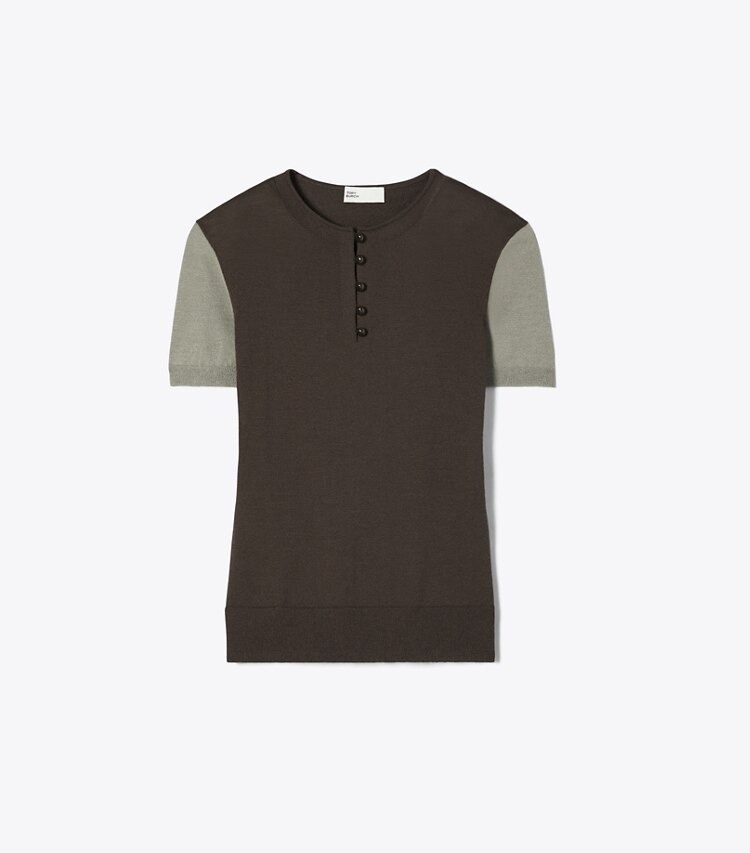 Tory Burch designer maglioni Henley in lana in Light Gray / Dark Brown front