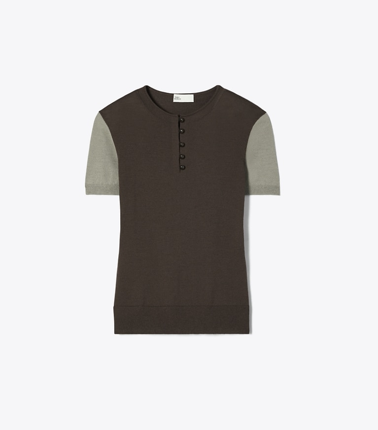 Tory Burch designer maglioni Henley in lana in Light Gray / Dark Brown front