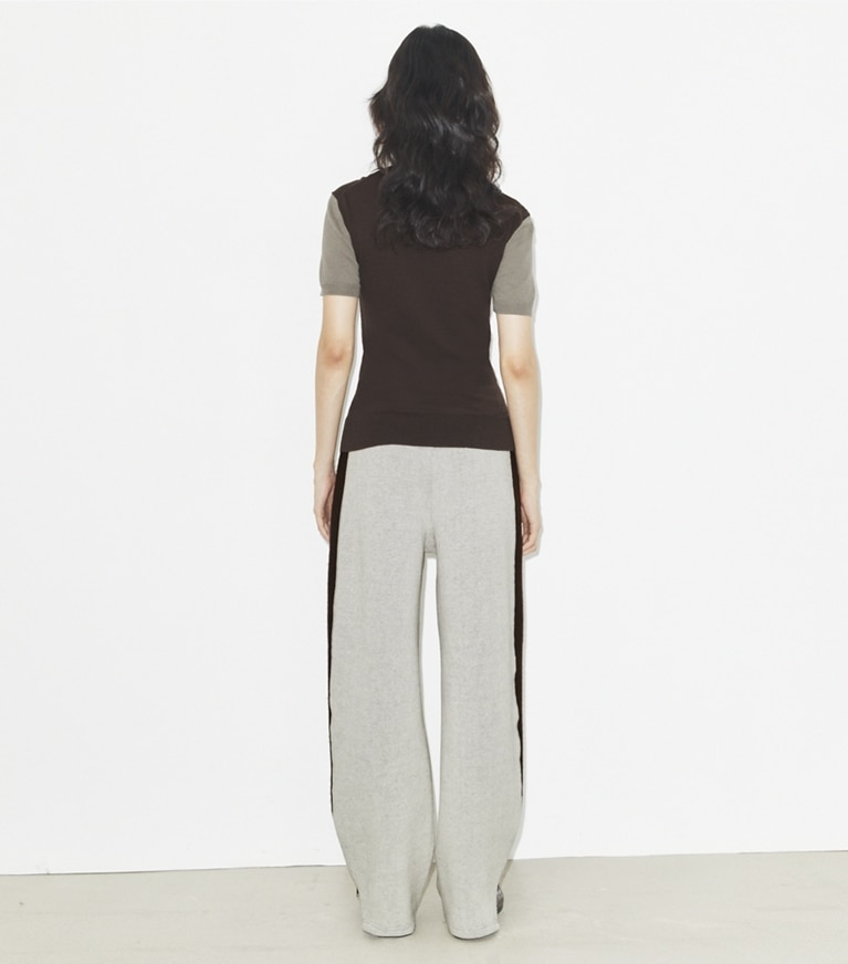 Tory Burch designer maglioni Henley in lana in Light Gray / Dark Brown front