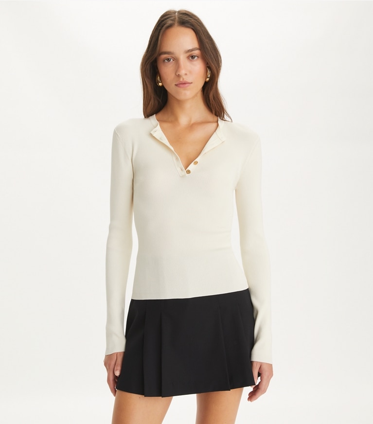 Tory Burch designer giacche Henley in viscosa a coste in NEW IVORY front