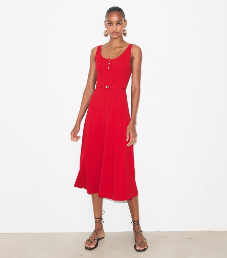 Tory Burch designer dresses Henley Tank Dress in Bright Red on model front