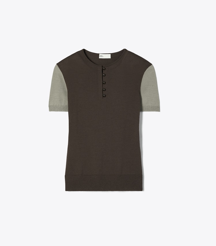 Tory Burch designer strickware Henley-Top aus Wolle in Light Gray / Dark Brown front
