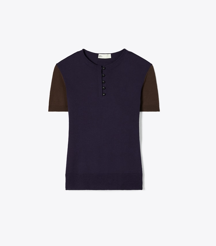 Tory Burch designer strickware Henley-Top aus Wolle in Dark Brown / Deep Blue front