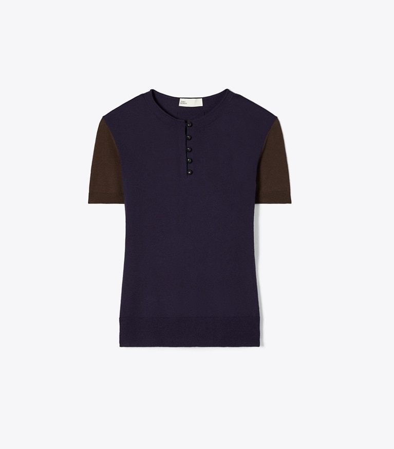 Tory Burch designer strickware Henley-Top aus Wolle in Dark Brown / Deep Blue front
