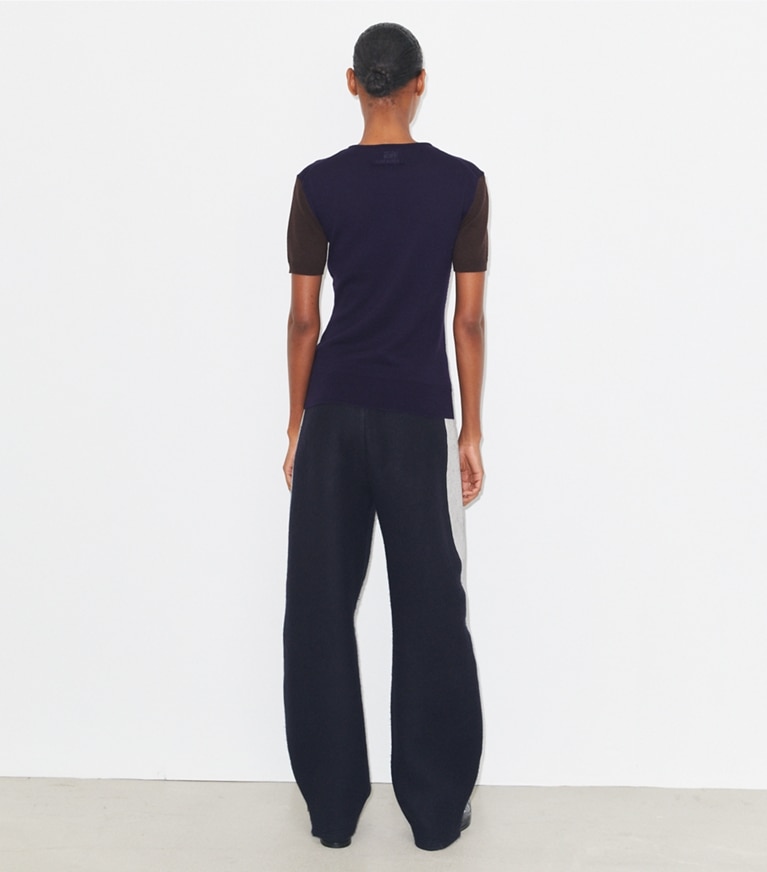 Tory Burch designer strickware Henley-Top aus Wolle in Dark Brown / Deep Blue front