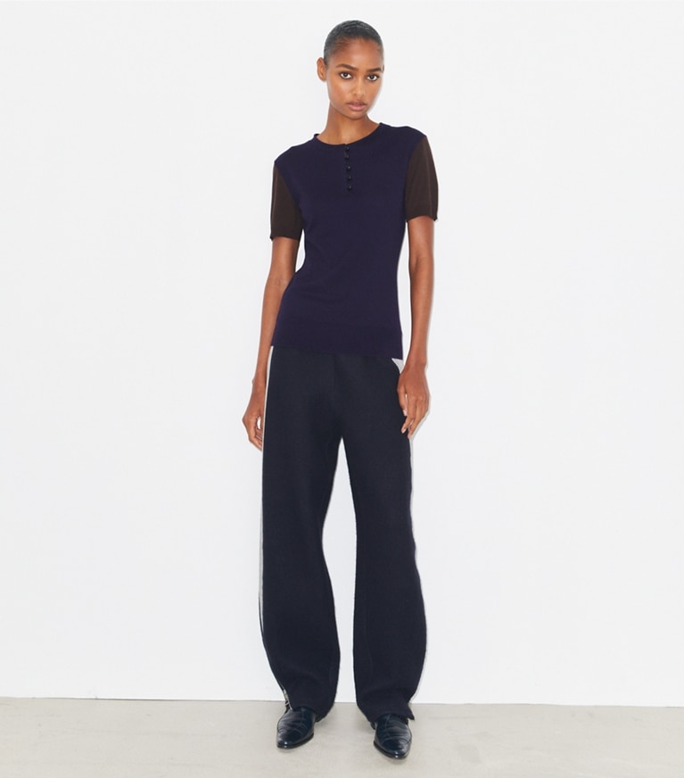 Tory Burch designer strickware Henley-Top aus Wolle in Dark Brown / Deep Blue front