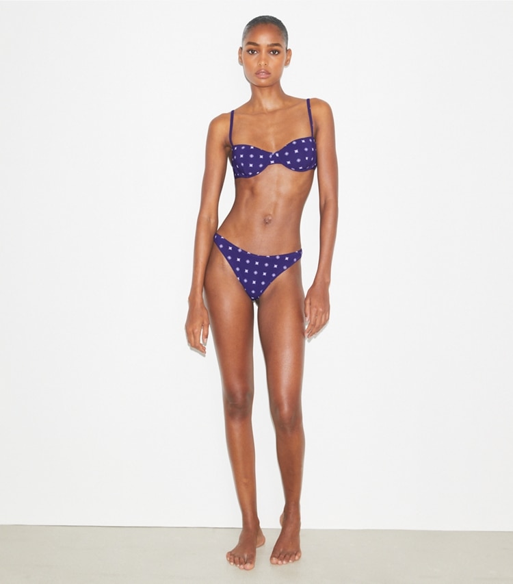 Tory Burch designer two pieces High-Cut Bikini Bottom in Ballpoint Ink Nothing Ditsy on model front