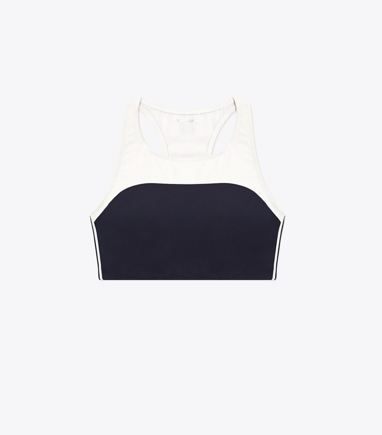 Tory Sport designer sports bras High-Neck Retro-Stripe Bra in Snow White/Tory Navy front