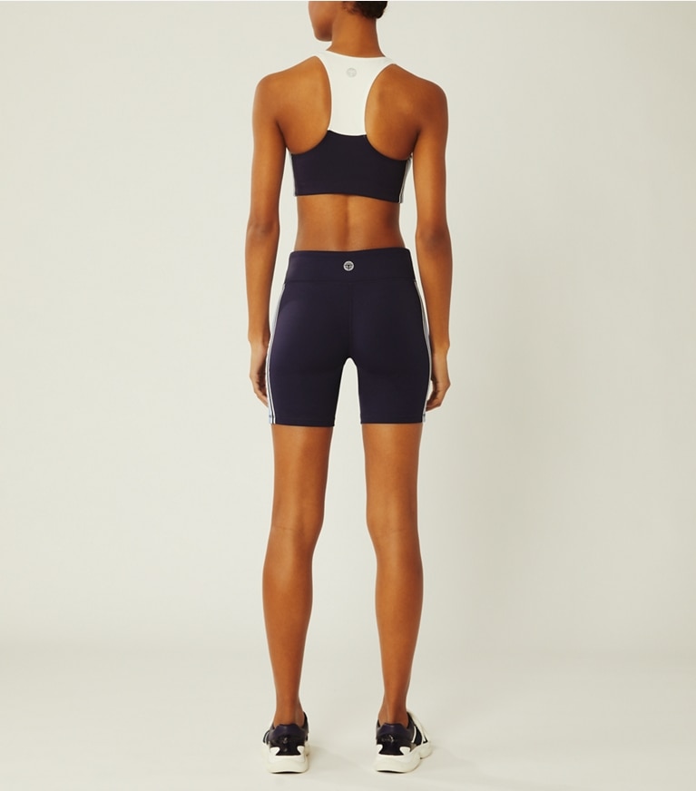 Tory Sport designer sports bras High-Neck Retro-Stripe Bra in Snow White/Tory Navy front