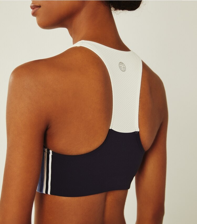 Tory Sport designer sports bras High-Neck Retro-Stripe Bra in Snow White/Tory Navy on model detail