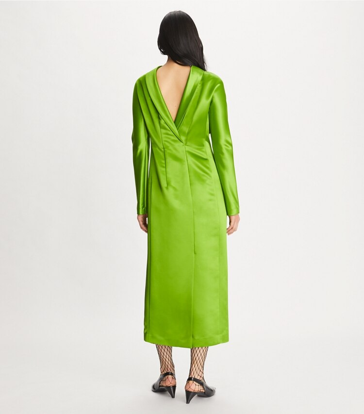 Tory Burch designer dresses High-Neck Satin Dress in Brilliant Green on model back