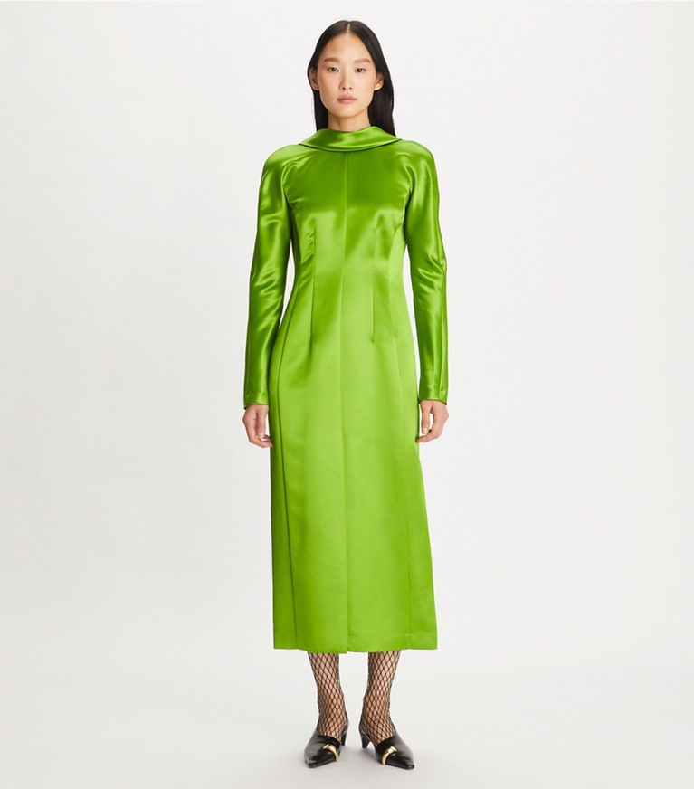High Neck Long Sleeve Silk Midi Dress - Silk Maison
