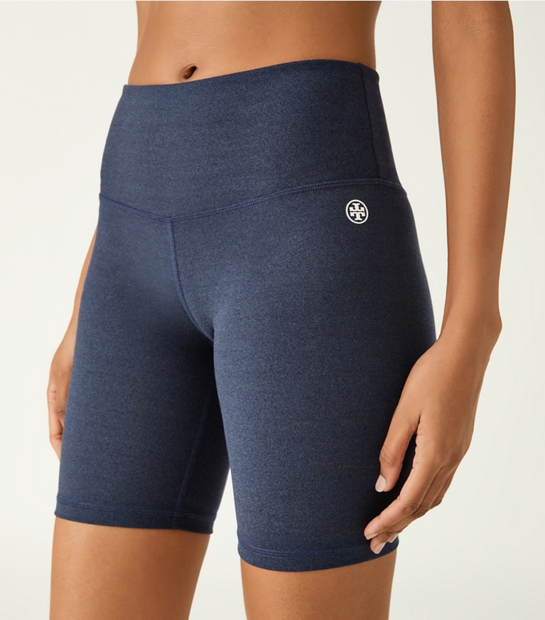 Tory Sport designer bottoms High-Rise Compression Mélange Bike Short in Tory Navy Heather front