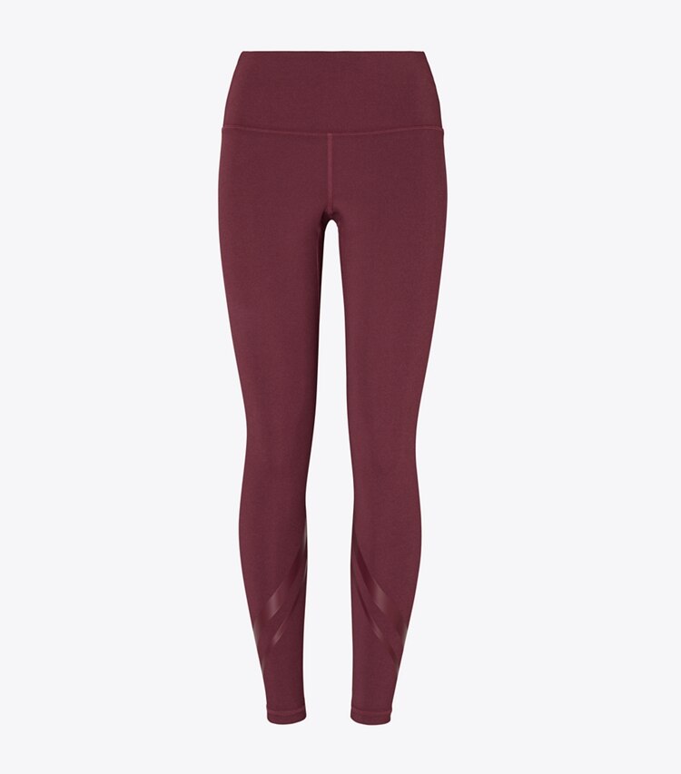 Tory Sport designer bottoms High-Rise Compression Mélange Side-Pocket Chevron Legging in Winetasting Heather front