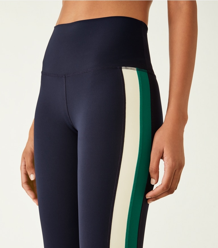 Tory Sport designer bottoms High-Rise Sculpt Compression Side-Stripe 7/8 Legging in Tory Navy / Evergreen front