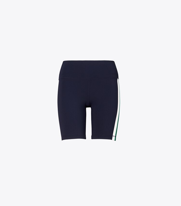 Tory Sport designer bottoms High-Rise Sculpt Compression Side-Stripe Bike Shorts in Tory Navy / Evergreen front