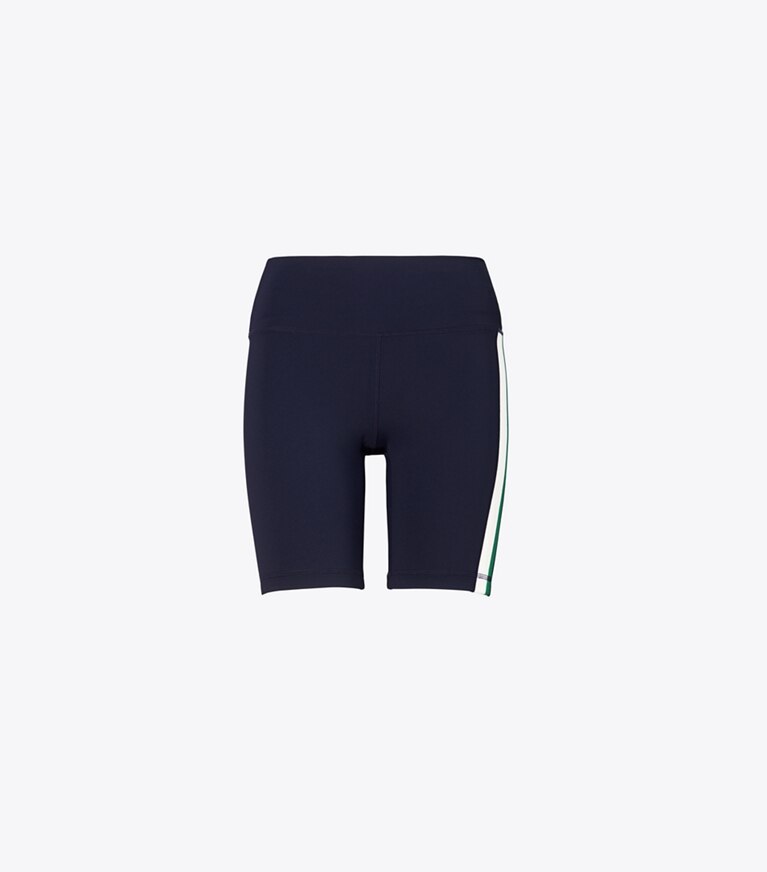 Tory Sport designer bottoms High-Rise Sculpt Compression Side-Stripe Bike Shorts in Tory Navy / Evergreen front