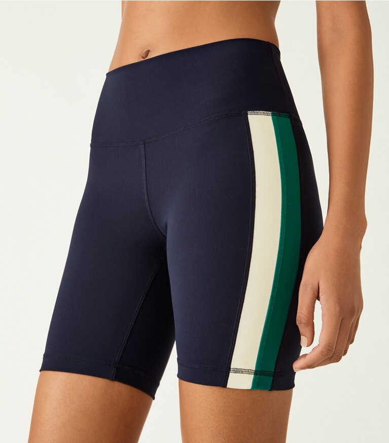 Tory Sport designer bottoms High-Rise Sculpt Compression Side-Stripe Bike Shorts in Tory Navy / Evergreen front