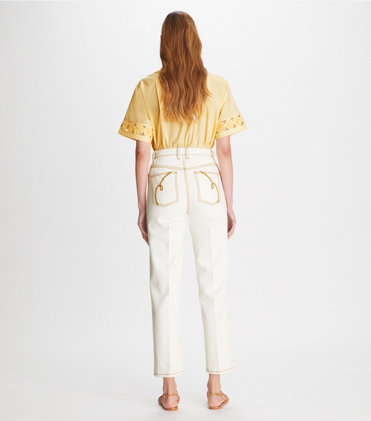 Tory Burch designer bottoms High-Rise Straight Jean in White Wash on model back