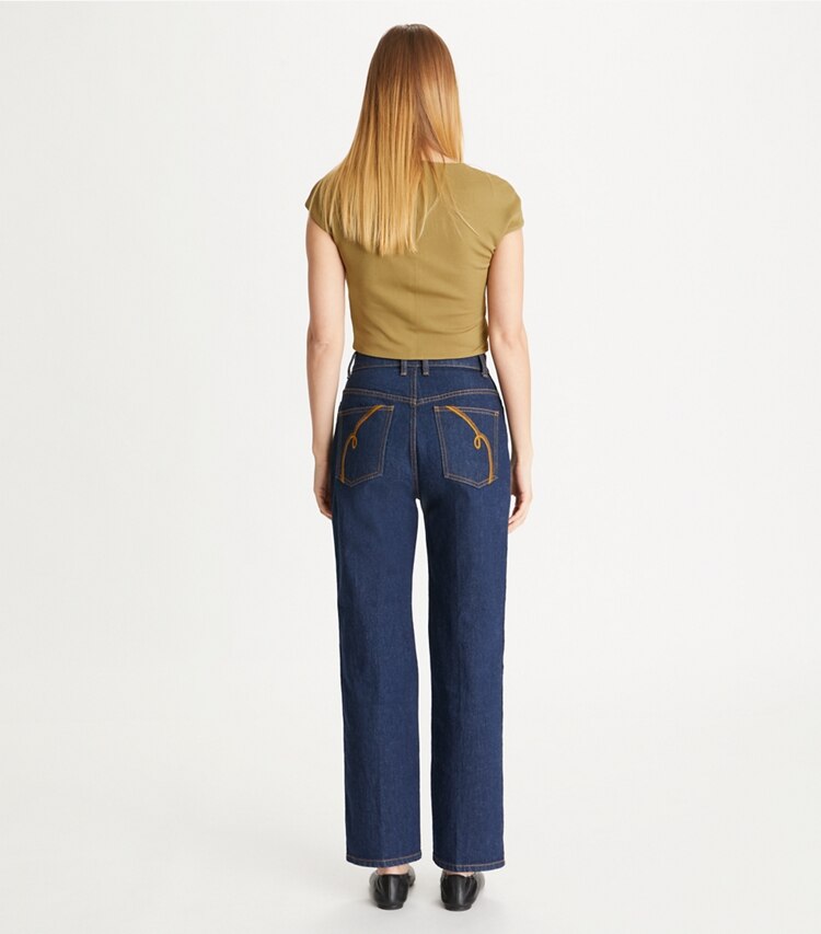 Tory Burch designer bottoms High-Rise Straight Jean in Light Rinse Breckenridge Denim on model back
