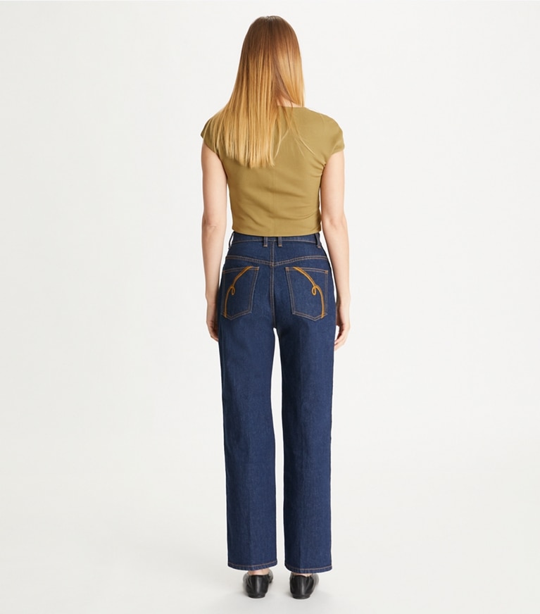 Tory Burch designer bottoms High-Rise Straight Jean in Light Rinse Breckenridge Denim front
