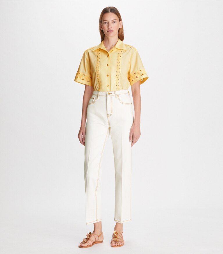 Tory Burch designer bottoms High-Rise Straight Jean in White Wash front