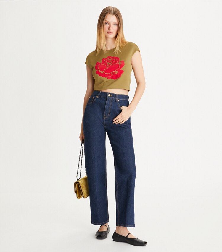 Tory Burch designer bottoms High-Rise Straight Jean in Light Rinse Breckenridge Denim on model front