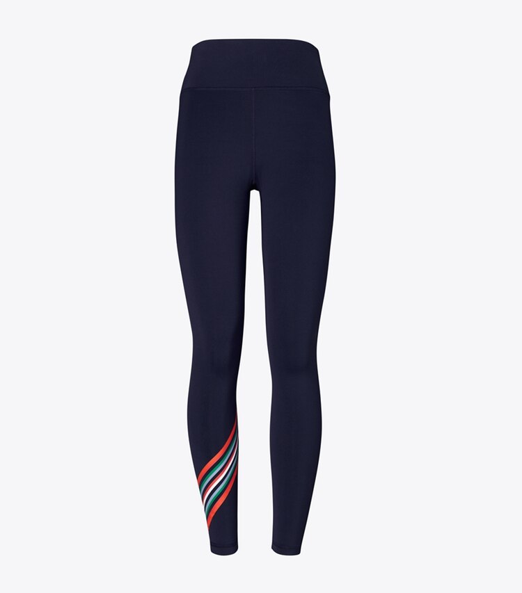 Tory Sport designer bottoms High-Rise Weightless Spectrum Chevron Legging in Tory Navy / Red front