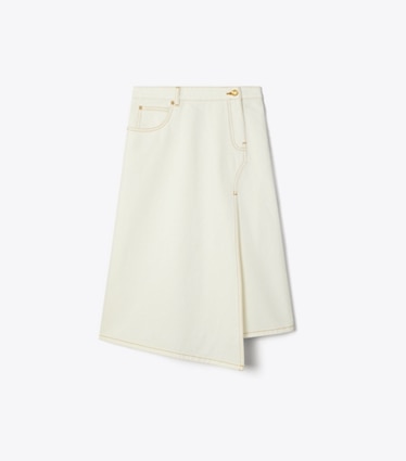 Tory Burch designer bottoms High Slit Denim Skirt in White Chalk Wash front