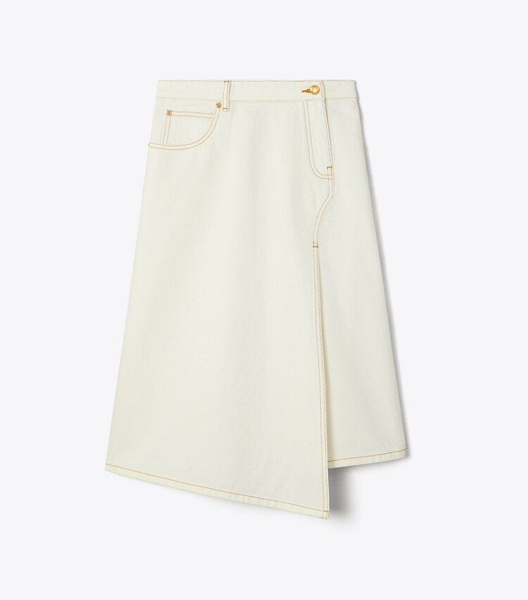 Tory Burch designer bottoms High Slit Denim Skirt in White Chalk Wash front
