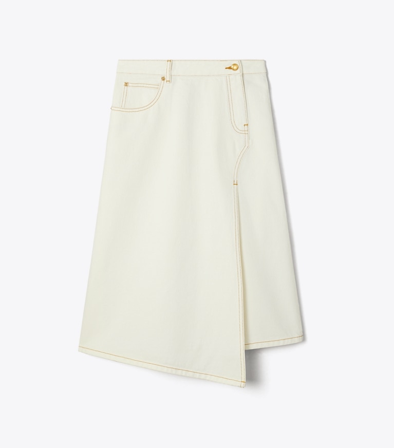 Tory Burch designer bottoms High Slit Denim Skirt in White Chalk Wash front