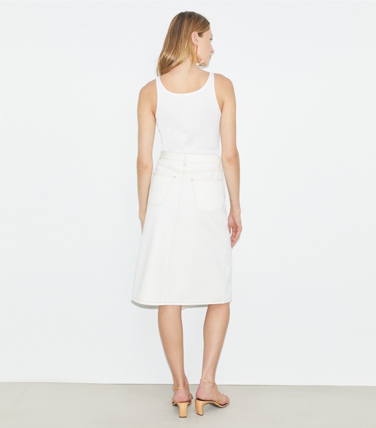 Tory Burch designer bottoms High Slit Denim Skirt in White Chalk Wash on model back