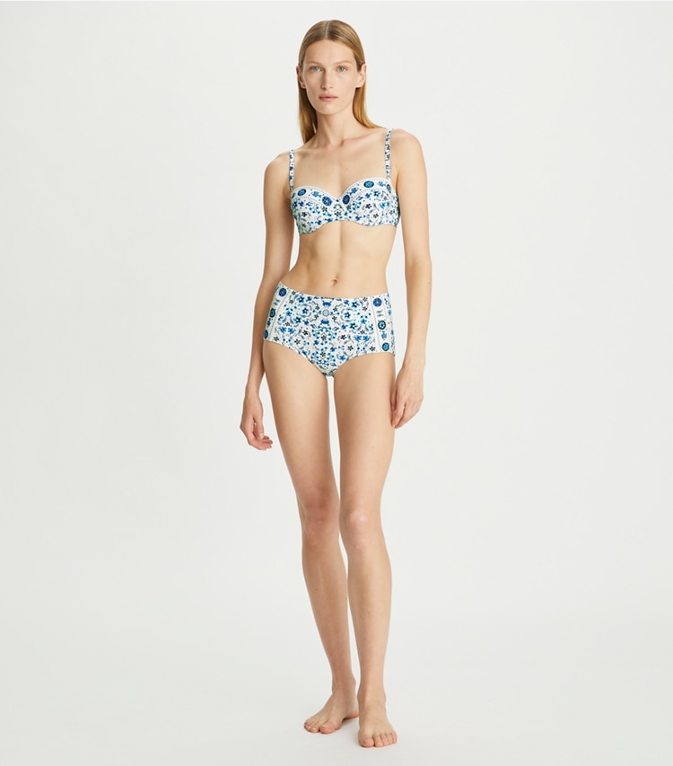 Tory Burch designer two pieces High-Waisted Bikini Bottom in Pale Blue Pisces Dream on model front