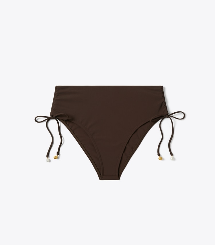 Tory Burch designer two pieces High-Waisted Cinched Bikini Bottom in Dark Fudge front