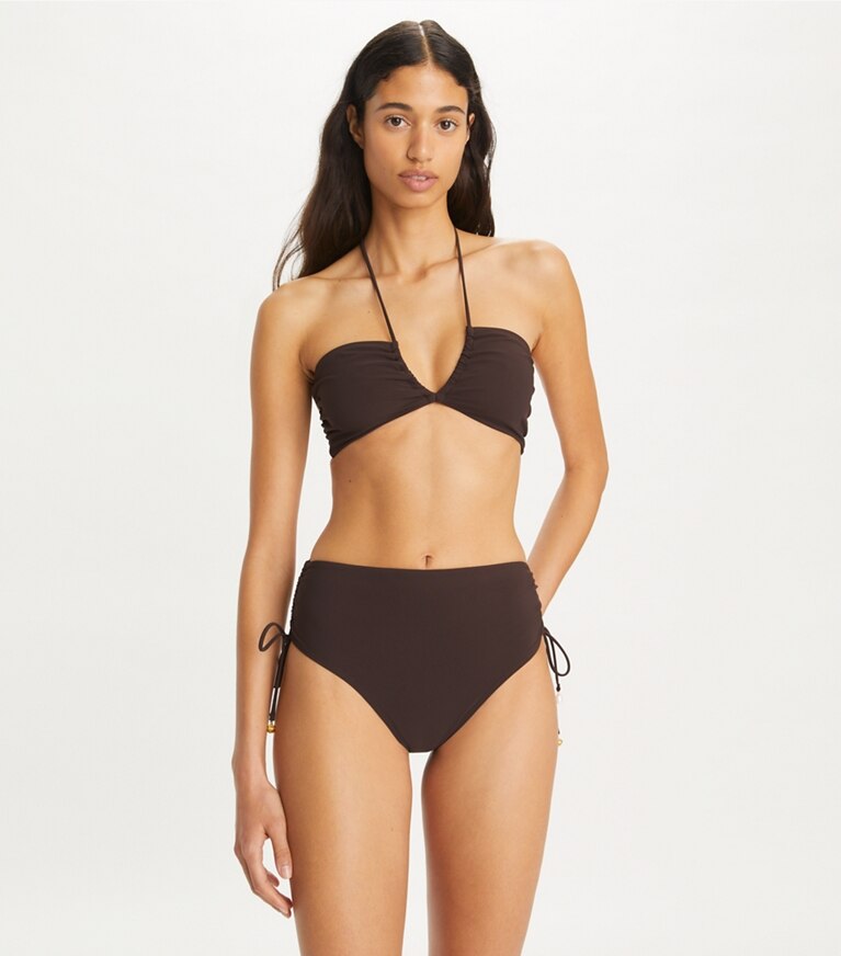 Tory Burch designer two pieces High-Waisted Cinched Bikini Bottom in Dark Fudge front
