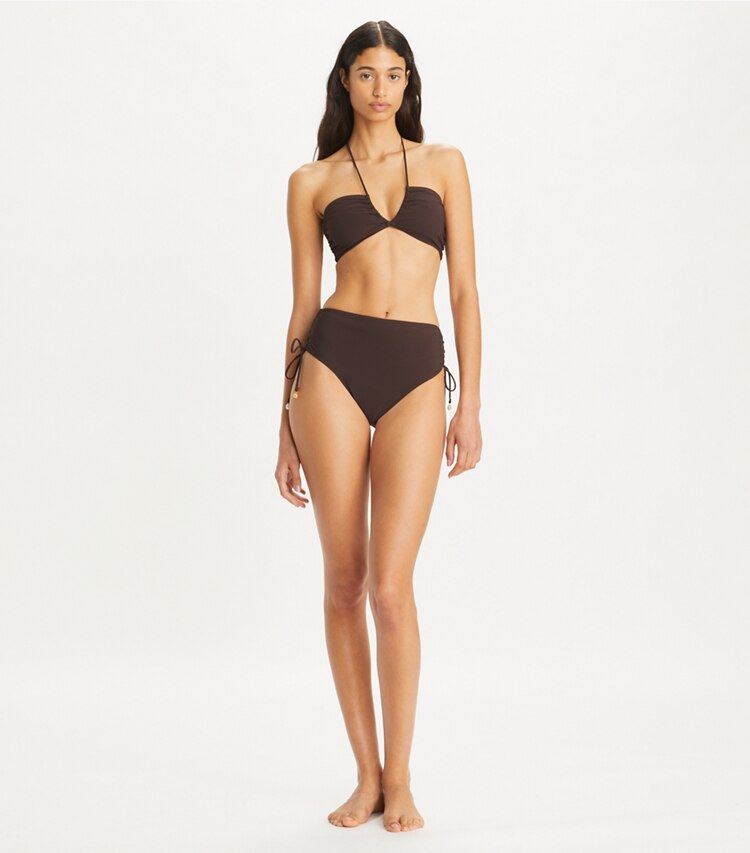 Tory Burch designer two pieces High-Waisted Cinched Bikini Bottom in Dark Fudge on model front