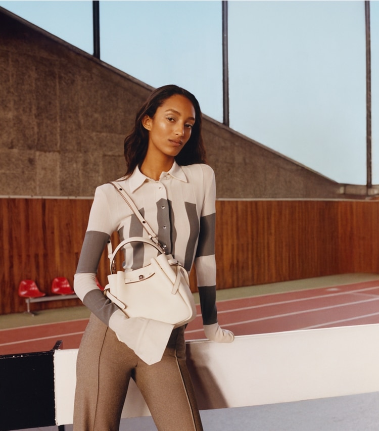 Tory Burch designer bottoms High-Waisted Wool Pants in Mountain Ash Ground/Marshmallow Fleck campaign