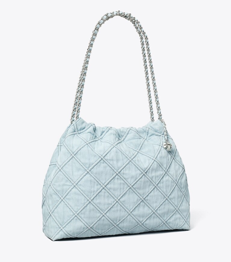 Tory Burch designer borse hobo Hobo Fleming in morbido denim in Seltzer angle