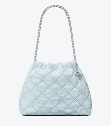 Tory Burch designer borse hobo Hobo Fleming in morbido denim in Seltzer front