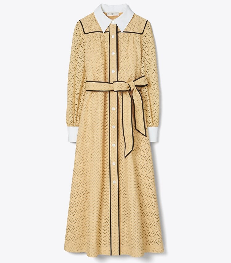 Tory Burch designer dresses Honeycomb Eyelet Artist Dress in Sun Glow front