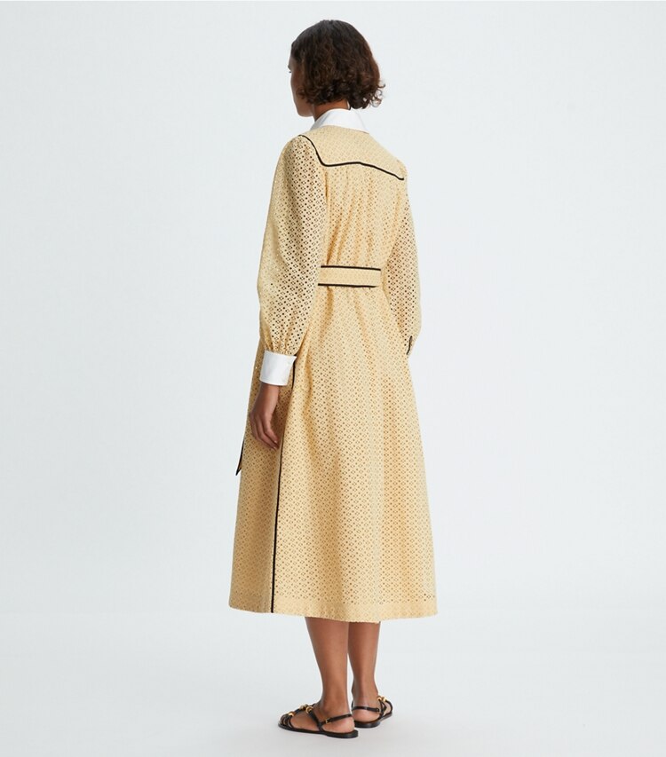 Tory Burch designer dresses Honeycomb Eyelet Artist Dress in Sun Glow on model back