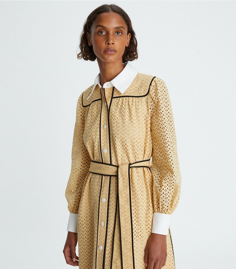 Tory Burch designer dresses Honeycomb Eyelet Artist Dress in Sun Glow front