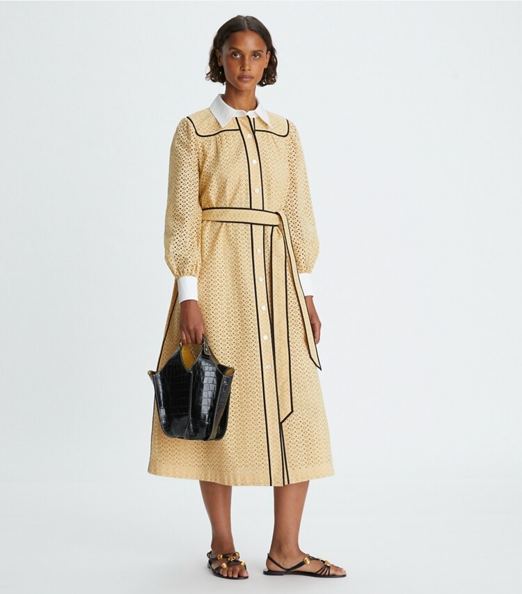 Tory Burch designer dresses Honeycomb Eyelet Artist Dress in Sun Glow on model front