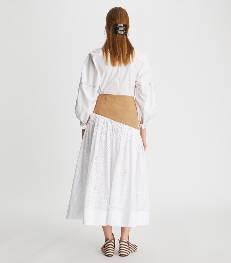 Tory Burch designer bottoms Honeycomb Eyelet Linen Burlap Skirt  in White on model back